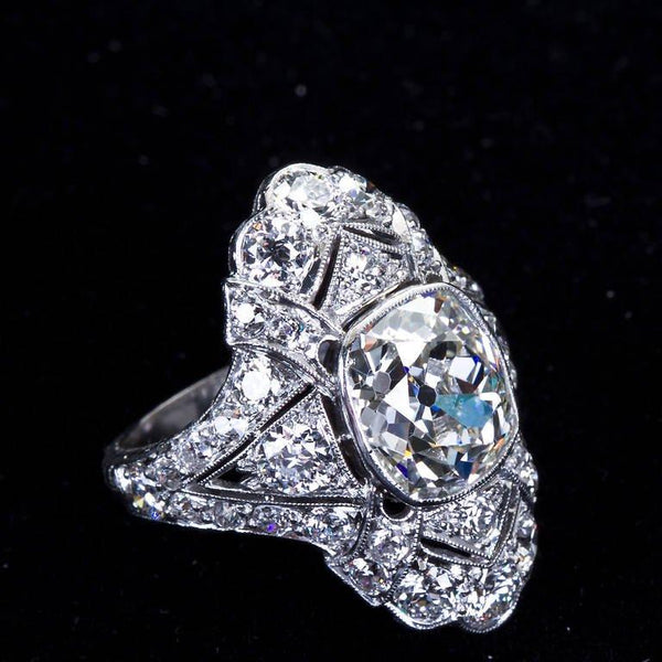 Art Deco 4.60 Carat Old Cushion Cut Diamond Platinum Ring - 5994 - TMW Jewels Co.