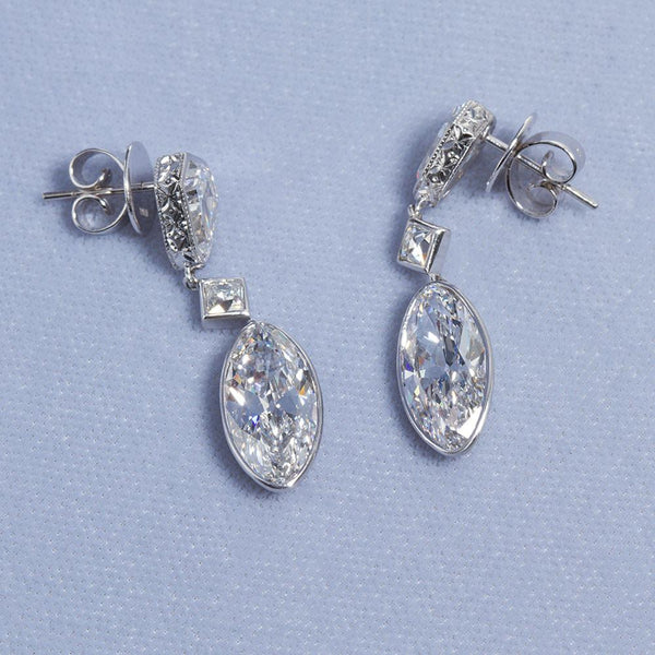 Art Deco Style Moval Diamond Platinum Drop Earrings 4 Carats Each D Internally Flawless - 6684 - TMW Jewels Co.