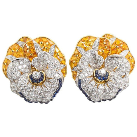 Oscar Heyman Diamond Blue Yellow Sapphire Pansy Earrings - 7270 - TMW Jewels Co.