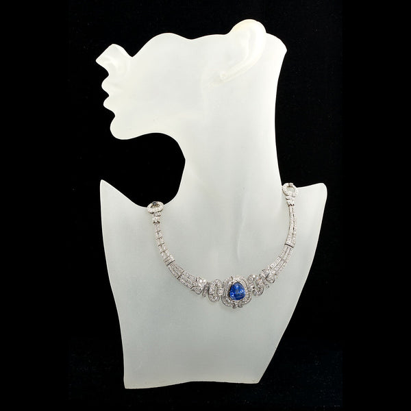 Art Deco Sapphire Diamond Platinum Necklace GIA Cert No Heat 15 Carat - TMWJ-7650 - TMW Jewels Co.