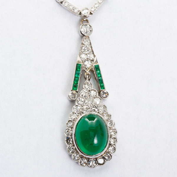 Art Deco Cabochon Emerald Diamond Pendant Necklace - TMWJ-8668 - TMW Jewels Co.