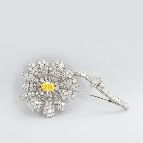 Fancy Intense Yellow and White Diamond Platinum Flower Brooch - 1441 - TMW Jewels Co.