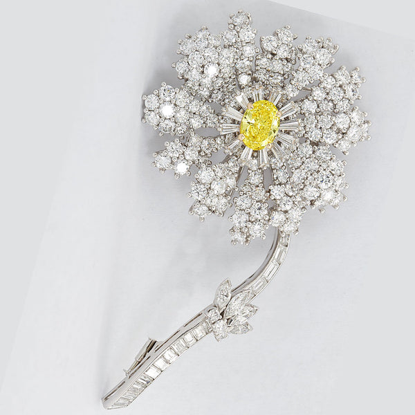 Fancy Intense Yellow and White Diamond Platinum Flower Brooch - 1441 - TMW Jewels Co.