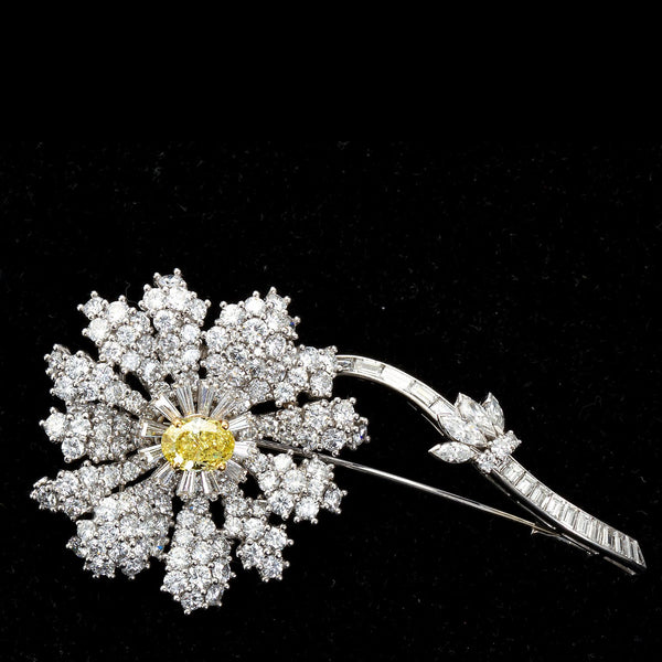 Fancy Intense Yellow and White Diamond Platinum Flower Brooch - 1441 - TMW Jewels Co.