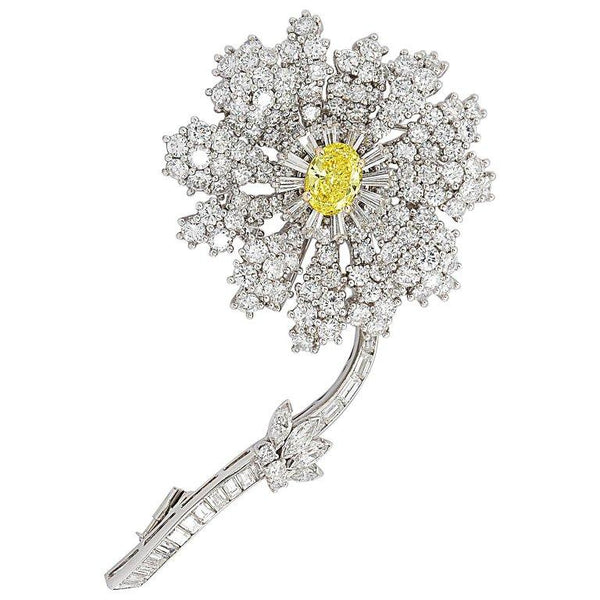 Fancy Intense Yellow and White Diamond Platinum Flower Brooch - 1441 - TMW Jewels Co.