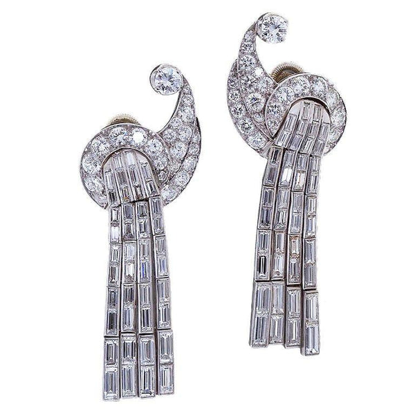 Art Deco Scroll Waterfall Diamond Ear clips - 1923 - TMW Jewels Co.