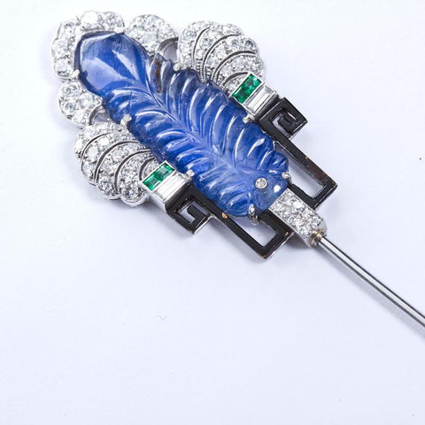 Art Deco Carved Sapphire Diamond Jabot Pin Brooch - 2414 - TMW Jewels Co.