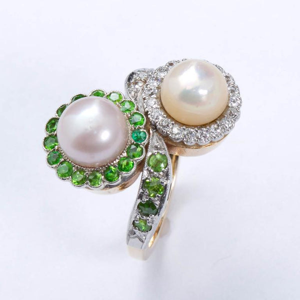 Circa 1930 Fine Twin Natural Pearl & Diamond Demantoid Ring - 2864 - TMW Jewels Co.