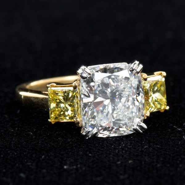 3.55 Carat Cushion Cut Diamond and Fancy Intense Yellow Princess Sides Ring GIA - 3479-3476 - TMW Jewels Co.