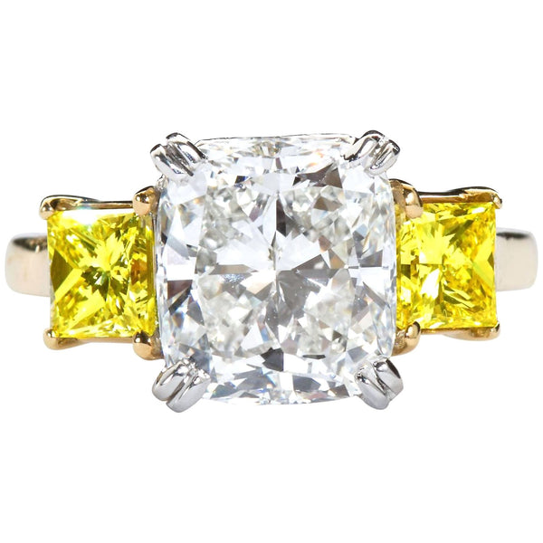 3.55 Carat Cushion Cut Diamond and Fancy Intense Yellow Princess Sides Ring GIA - 3479-3476 - TMW Jewels Co.