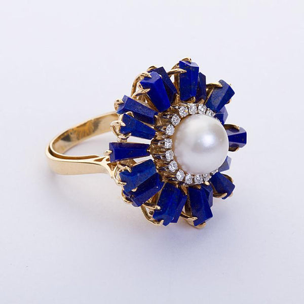 Lapis Lazuli Burst Pearl and Diamond Cocktail Ring - 4190 - TMW Jewels Co.