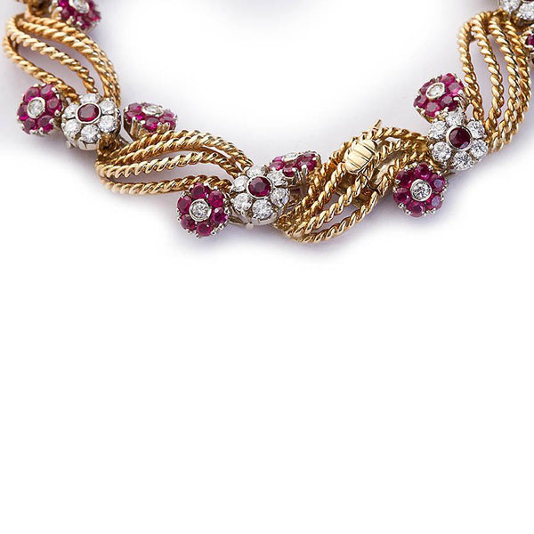 Twirled Gold Diamond and Ruby Florets Bracelet - 4409 - TMW Jewels Co.