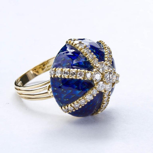 Vintage Diamond Blue Enamel Gold Dome Ring - 5018 - TMW Jewels Co.