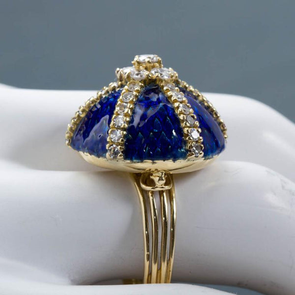 Vintage Diamond Blue Enamel Gold Dome Ring - 5018 - TMW Jewels Co.