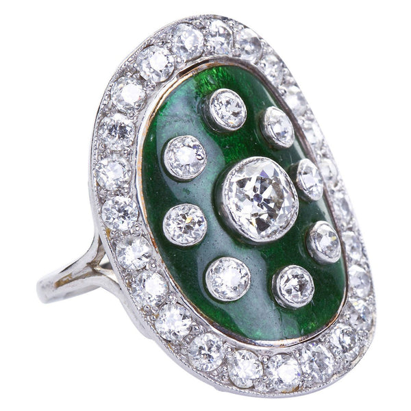 Art Deco Green Enamel Cloisonne Diamond Cocktail Ring - 6270 - TMW Jewels Co.
