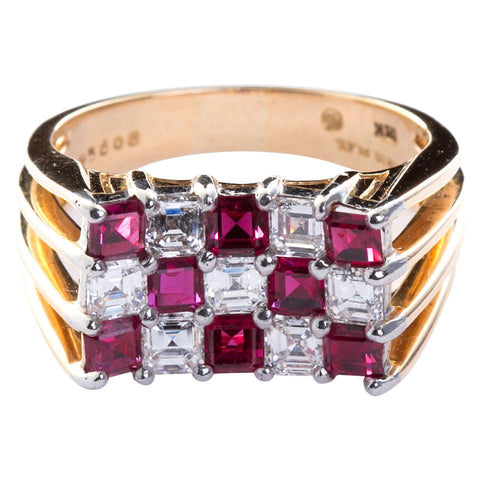 Oscar Heyman Ruby Diamond Gold Checkerboard Ring - 6331 - TMW Jewels Co.