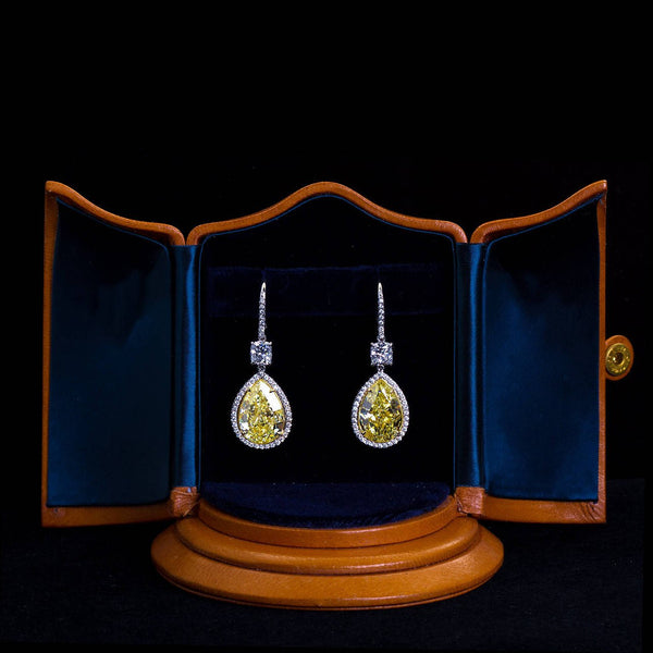 Twenty Carat Fancy Yellow Pear Shaped Diamond Dangle Earrings - 6488 - TMW Jewels Co.