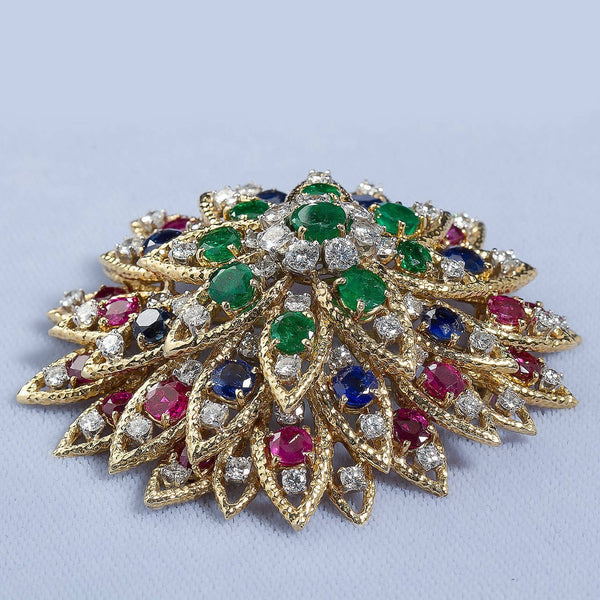 David Webb Multi Gem Ruby Emerald Sapphire Diamond Gold Flower Brooch - 6528 - TMW Jewels Co.