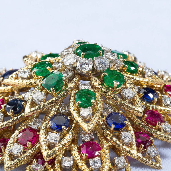 David Webb Multi Gem Ruby Emerald Sapphire Diamond Gold Flower Brooch - 6528 - TMW Jewels Co.