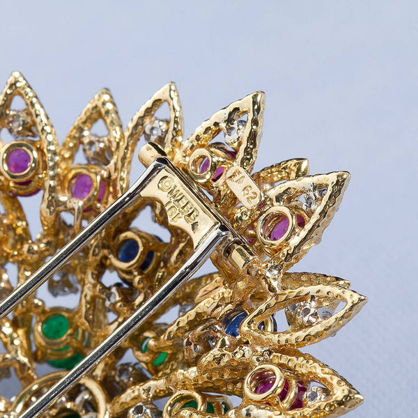 David Webb Multi Gem Ruby Emerald Sapphire Diamond Gold Flower Brooch - 6528 - TMW Jewels Co.