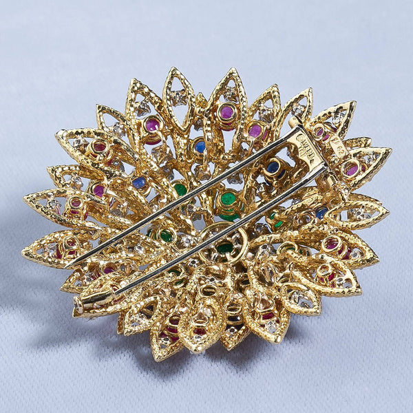 David Webb Multi Gem Ruby Emerald Sapphire Diamond Gold Flower Brooch - 6528 - TMW Jewels Co.