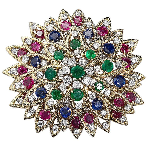 David Webb Multi Gem Ruby Emerald Sapphire Diamond Gold Flower Brooch - 6528 - TMW Jewels Co.