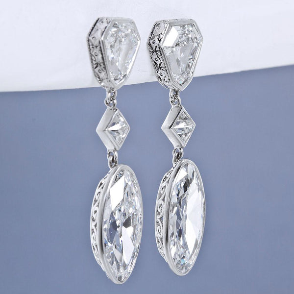 Art Deco Style Moval Diamond Platinum Drop Earrings 4 Carats Each D Internally Flawless - 6684 - TMW Jewels Co.