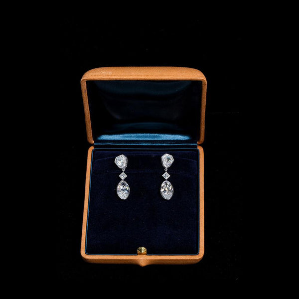 Art Deco Style Moval Diamond Platinum Drop Earrings 4 Carats Each D Internally Flawless - 6684 - TMW Jewels Co.