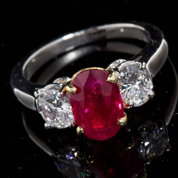 Oval Ruby Diamond Three-Stone Ring Burma No-Heat 2.64 Carat