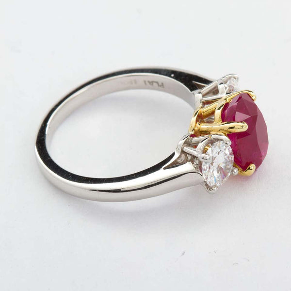 Oval Ruby Diamond Three-Stone Ring Burma No-Heat 2.64 Carat