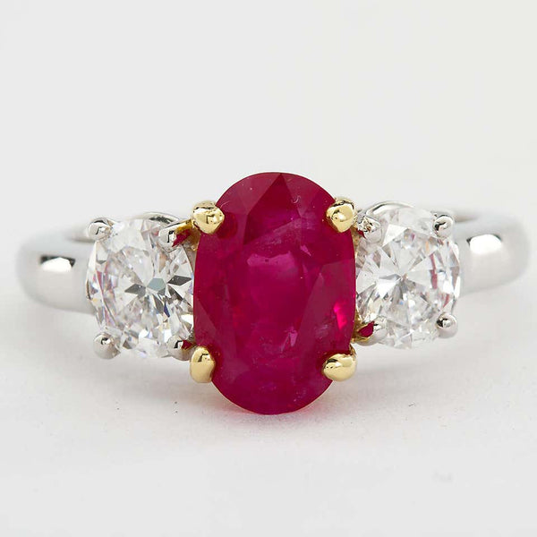 Oval Ruby Diamond Three-Stone Ring Burma No-Heat 2.64 Carat
