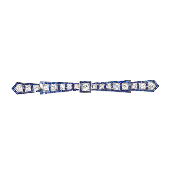 Art Deco Diamond Sapphire Platinum Bar Brooch Pin - 7212 - TMW Jewels Co.