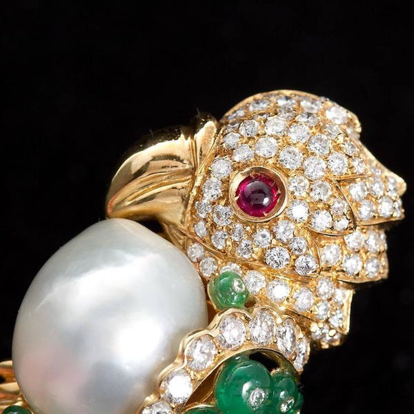 Semi-Baroque South Sea Cultured Pearl and Precious Gem Parrot Brooch - 7558 - TMW Jewels Co.