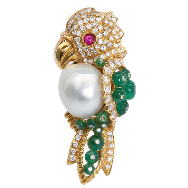 Semi-Baroque South Sea Cultured Pearl and Precious Gem Parrot Brooch - 7558 - TMW Jewels Co.