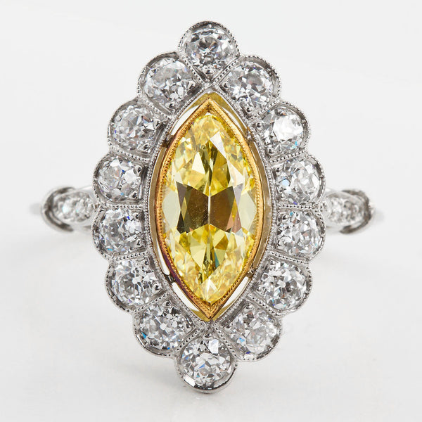 Art Deco Marquise Fancy Intense Yellow Internally Flawless Diamond Engagement Ring - TMWJ-3948 - TMW Jewels Co.