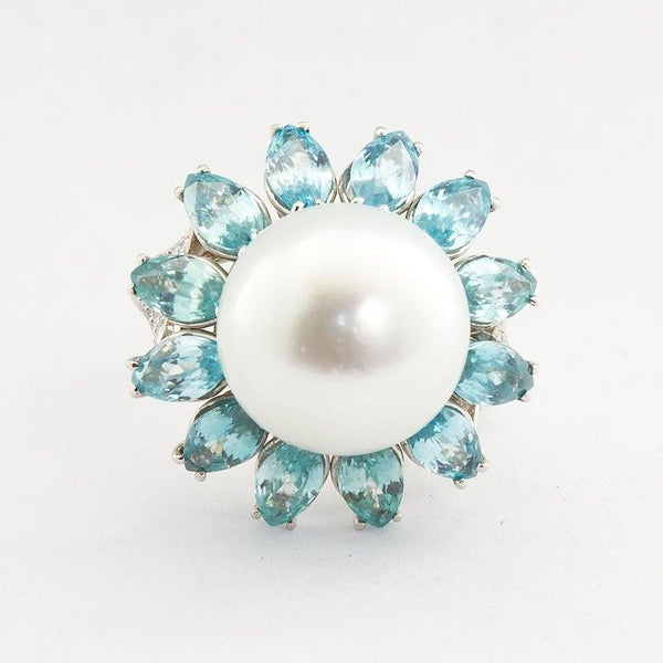 Ruser Cultured Pearl and Blue Zircon Cocktail Ring - TMWJ-7637-1 - TMW Jewels Co.