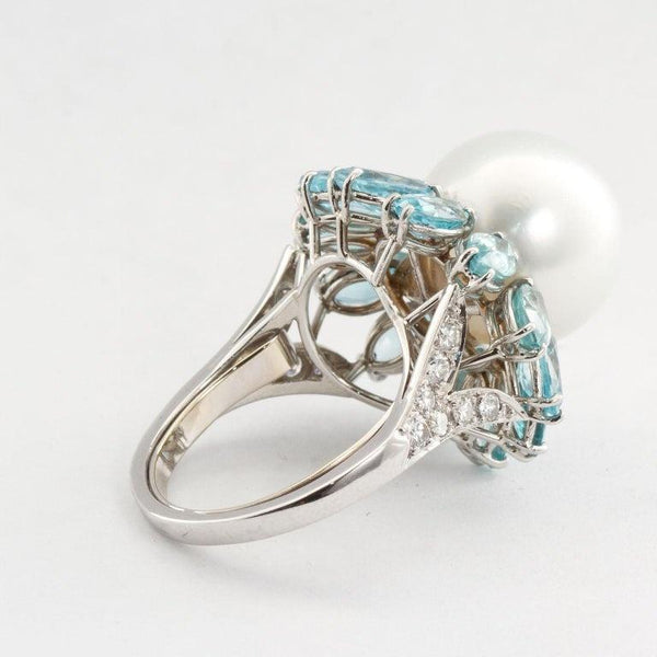 Ruser Cultured Pearl and Blue Zircon Cocktail Ring - TMWJ-7637-1 - TMW Jewels Co.