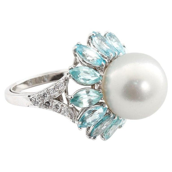 Ruser Cultured Pearl and Blue Zircon Cocktail Ring - TMWJ-7637-1 - TMW Jewels Co.