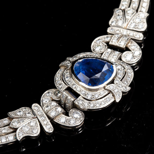 Art Deco Sapphire Diamond Platinum Necklace GIA Cert No Heat 15