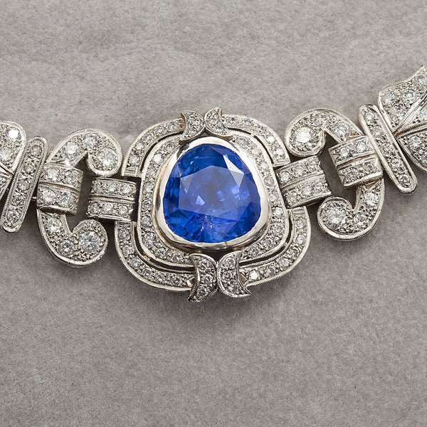 Art Deco Sapphire Diamond Platinum Necklace GIA Cert No Heat 15 Carat - TMWJ-7650 - TMW Jewels Co.