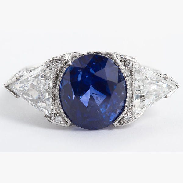 Vintage Unheated Sapphire Trillion Diamond Engagement Ring 6.26 Carat - TMWJ-8649 - TMW Jewels Co.