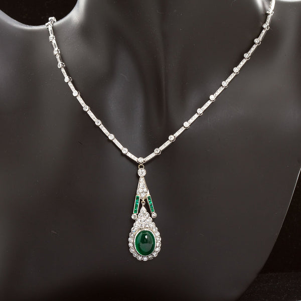 Art Deco Cabochon Emerald Diamond Pendant Necklace - TMWJ-8668 - TMW Jewels Co.