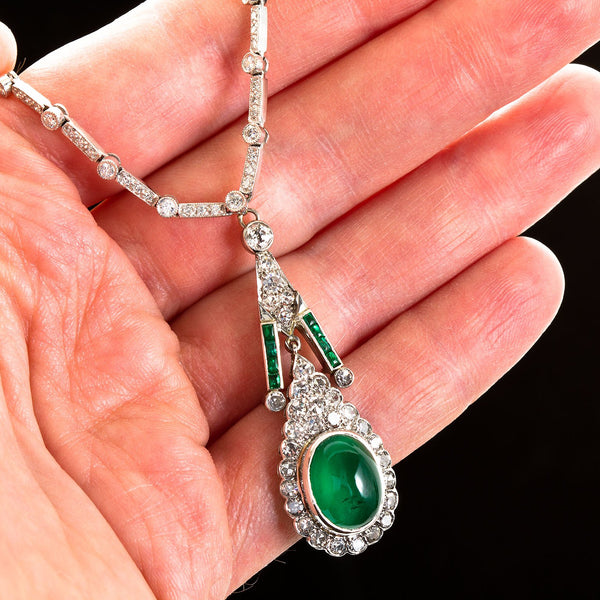 Art Deco Cabochon Emerald Diamond Pendant Necklace - TMWJ-8668 - TMW Jewels Co.