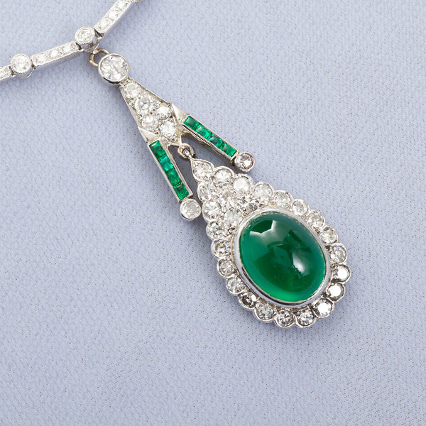 Art Deco Cabochon Emerald Diamond Pendant Necklace - TMWJ-8668 - TMW Jewels Co.
