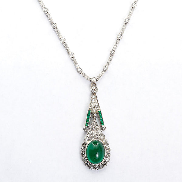 Art Deco Cabochon Emerald Diamond Pendant Necklace - TMWJ-8668 - TMW Jewels Co.