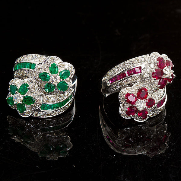 Emerald Diamond Twin Flower Ring, 9.00 Carat - TMWJ-8809 - TMW Jewels Co.