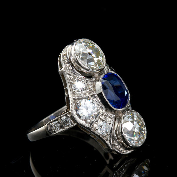 Art Deco Kashmir No Heat Sapphire 1.66 Carat and Diamond Ring AGL Cert - TMWJ7735 - TMW Jewels Co.